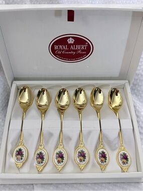 Royal Albert Old Country Roses box set of 6 gold plated teaspoons fine porcelain